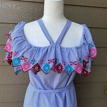 Loft Dresses | Ann Taylor Loft Nwt $99 Embroidered Eyelet Striped Drop Sleeve Dress, Boho, L | Color: Blue/Pink | Size: L
