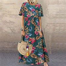 Vkekieo Beach Dresses For Women Sun Dress V-Neck Short Sleeve Floral Green M