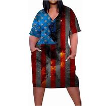 Bvnarty Women's Trendy 4th Of July Patriotic Midi Dress Summer Dress Fashion Dresses Short Sleeve Star Striped Printing American Flag Pattern Shift Dr