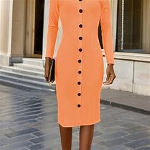 Solid Color Bodycon, Women's Button Front Casual Crew Neck Women's Clothing Bodycon Dress,Must-Have,Temu
