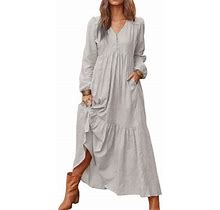 Women Long Sleeve Loose Plain Maxi Dress Casual V Neck Long Dresses With Pocket Bohemian Sundress