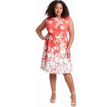 London Times Plus Size Scuba-Crepe Floral-Print Fit & Flare Dress - Red Ivory - Size 20W