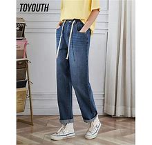 Toyouth Women Jeans 2023 Summer Elastic Waist Straight Loose Stretch Denim Pant Dark Blue Casual All