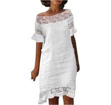 Ovbmpzd Women's Solid Off Shoulder Lace Dress Flare Short Sleeve Elegant Loose Mini Dress White XXL