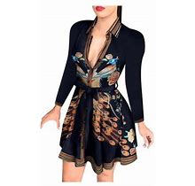 Women's Button Down Floral Dresses Collared Belted Shirt Dresses Long Sleeve Blouse Tops Mini Dress With Belt