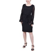 Ny Collection Petite Long Chiffon-Sleeve Knit Dress - Black - Size PS