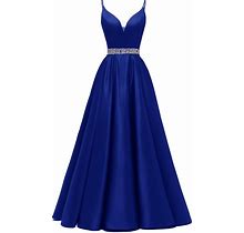 Yexinbridal Spaghetti Straps Prom Dress Long Satin Beaded V-Neck Formal Evening Party Ball Gowns With Pockets
