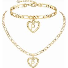 YANODA Gold Initial Pendant Necklace Anklet Bracelet For Women 14K Gold Plated Figaro Chain Letter Initial Heart Necklace Anklets Alphabet Foot