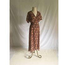 Vintage 90S Kristy Michaels Flounce Collar Floral Brown Sheer Flowy Cross Body Tie Back Maxi Zip Back Country Grunge Dress Made In Usa