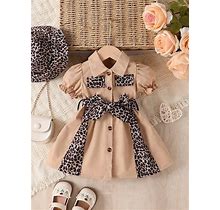 Baby Girl Leopard Print Bubble Sleeve Belted Dress With hat,6-9m