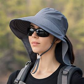 Wide Brim UPF 50 + Protection Beach Sun Breathable Sunscreen Outdoor Ponytail Floppy Hat With Rope,Dark Grey,Reliable,Temu