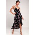 Lulus Moonlight Spell Black Floral Print Velvet High-Low Wrap Dress S