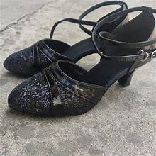 Women's Latin Dance Shoes Closed Toe Mid Heel Glitter Ballroom Dance Shoes For Woman Daily Dancing Wear