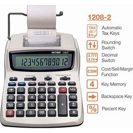 Victor Printing Calculator, 1208-2 Compact And Reliable Adding Machine With 12 Digit LCD Display, Battery Or AC Powered, Includes Adapter,White