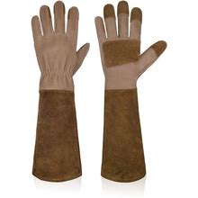HANDLANDY Long Gardening Gloves For Men & Women, Cowhide Leather Rose Pruning Gloves- Breathable & Durable Gauntlet Gloves (Small, Brown)