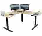 VIVO Electric Height Adjustable 67 X 60 Inch Corner Stand Up Desk, 2 Light Wood Solid Table Tops, Black Frame, Memory Controller, L-Shaped