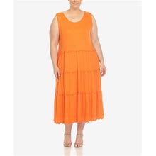 White Mark Plus Size Scoop Neck Tiered Midi Dress - Orange - Size 2X