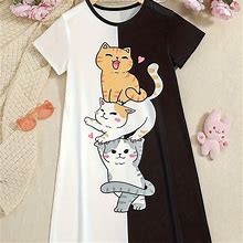 Girls Stretchy Splicing Cartoon Cat Print Short Sleeve Dress Comfy Crew Neck Dresses Summer Clothes Party,Mixed Color,Handpicked,Temu