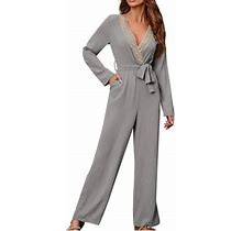 Tuphregyow Women's Leisure Jumpsuits Fall Jumpsuits Casual Dressy Wrap High Waist Jumpsuit Romper Deep V Neck 3/4 Sleeve Lounge Trendy Stretch Relaxed