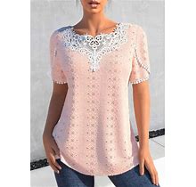 Rotita Women's Dusty Pink Pink Short Sleeve Top Mature Tops Patchwork Round Neck T Shirt - Medium