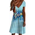 Sayhi Womens Summer V Neck Floral Casual Tunic Dress Short Sleeve Dress Business Dress With Pockets
