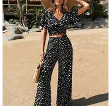 Allover Print Casual Two-Piece Set, V Neck Short Sleeve Top & Pants, Trousers Outfits, Women's Clothing,Black,Reliable,Temu