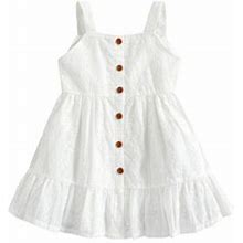 Gureui Toddler Infant Baby Girls Summer Dress, Casual Sling Plain Embroidery Button-Down Ruffle Hem Knee-Length One-Piece Dresses