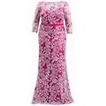 Tadashi Shoji, Plus Size Women's Three-Quarter-Sleeved Embroidered Lace Gown - Waterlily - Size 16