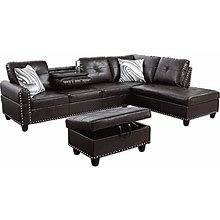 Living Room Sectional Set,Modular Corner Sectional Sofa Couch Set With Ottoman & Throw Pillows & Drop Down Table (Brown, Right Hand)
