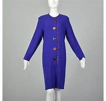 L Blue Dress 1980S Cobalt Long Sleeve Drop Waist Rainbow Buttons