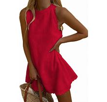 Women Casual Tank Dress Sleeveless Mock Neck Back Zipper Linen Summer Dress Scallop Halter Dress Sundress Beachwear