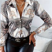 Floral Print Lapel Neck Shirt, Women's Leopard Geo Print Button Front Casual Long Sleeve Spring Fall Women's Clothing Shirt,White,Must-Have,By Temu
