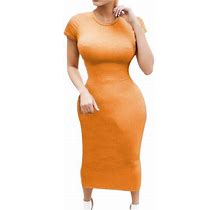 Akiihool Plus Size Dress Women's Ribbed Knit Adjustable Spaghetti Straps Square Neck Summer Party Maxi Long Dress (Orange,L)