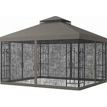 Outsunny 10' X 12' Patio Gazebo With Corner Frame Shelves, Double Roof Outdoor Gazebo Canopy Shelter With Netting, Gray