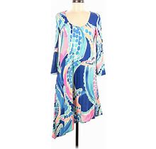 Lilly Pulitzer Casual Dress V Neck 3/4 Sleeve: Blue Print Dresses - Women's Size Medium