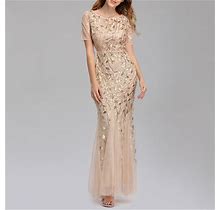 Floral Sequins Mesh Patchwork Bodycon Fishtail Maxi Dress | Premium Evening Gowns Party Prom Dress, Gold / 2XL