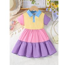 Baby Girl's Cute Polo Style Knit Short Sleeve Dress In Dopamine Color Collar And Splicing Design, Suitable For holiday,3-6m
