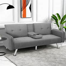 IULULU Futon Sofa Bed, Convertible Couch With 2 Cup Holders, Loveseat With Armrest For Studio, Apartment, Office, Living Room, Light Grey