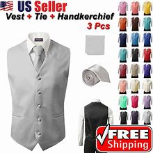 SET Vest Tie Hankie Fashion Men's Formal Dress Suit Slim Tuxedo Waistcoat Coat