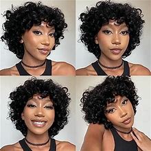 Quick Wig Human Hair Wigs Short Curly Bob Wig For Black Women None Lace Big Curly Wig With Bangs Pixie Cut African American Wigs Natural Black Color