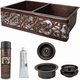 Premier Copper Products KSP3_KA50DB33229S-NB 33" Farmhouse Double Basin Copper Kitchen Sink With Basket Strainer And 50/50 Basin Split Oil Rubbed