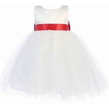 White Satin & Tulle Dress W/ Bow & Flower Satin Ribbon Sash (Fuchsia / 6) | Pink Princess