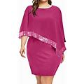 Womens Plus Size Dress O Neck Solid Cold Shoulder Overlay Chiffon Sequin Dress Pink