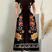 Floral Print Pocket Dress, Women's With Pocket Elegant Short Sleeve A-Line Women's Clothing Dress,Black,All-New,Temu