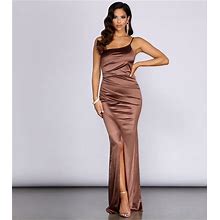 Windsor Roseanne One-Shoulder Satin Dress In Brown | Size: Medium | Satin Fabric