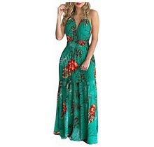 Summer Dresses For Women 2022 Women Tropical Print Halter Backless Maxi Dress Sexy Sleeveless Beach Dress