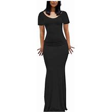 Bigersell Women Long Bodycon Dress Summer Short Sleeve Round Neck T-Shirt Dresses Fishtail Gown Casual Solid Color Evening Party Club Dress Beach Sund