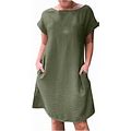 Iroinnid Discount Dress For Women 2023 Casual Cocktail Wedding Guest Dress Round Neck Short Sleeved Dress Fit&Flare Dress,Olive Green