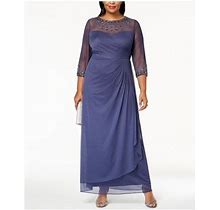 Alex Evenings Women's Blue Embellished Sequined 3/4 Sleeve Jewel Neck Maxi Evening Shift Dress Plus 18W Size 18