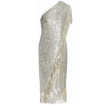 Badgley Mischka Women's Fringed Sequin One-Shoulder Dress - Silver - Size 8